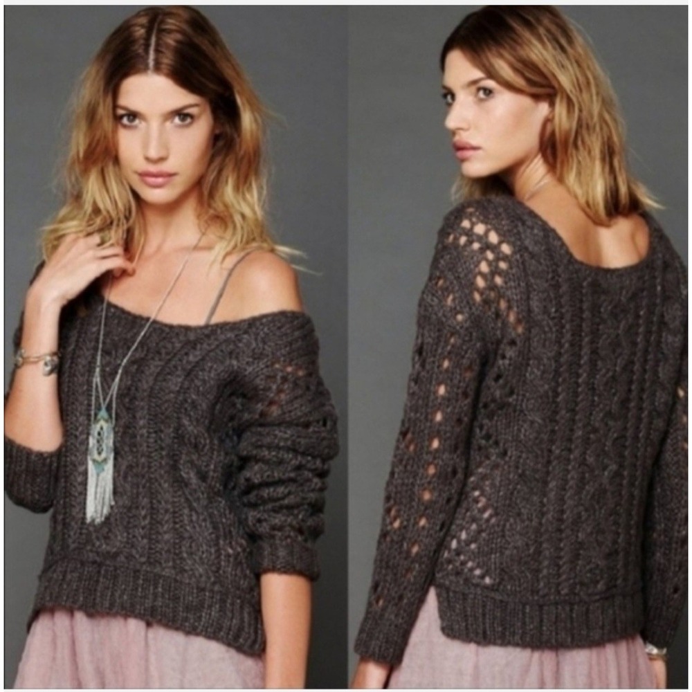 Free People Mohair Blend Cable Knit Scoop Neck Sweater Charcoal Grey Large